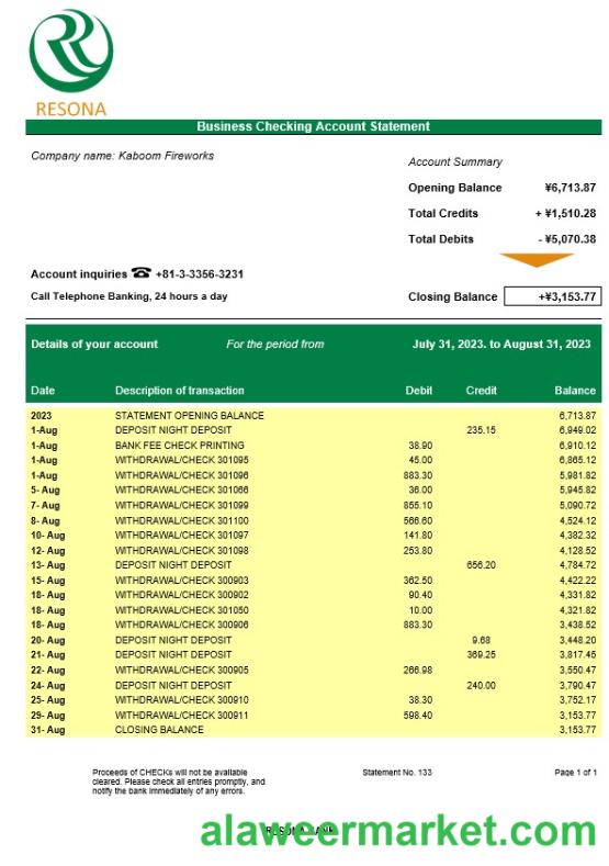 Resona Bank company checking account statement Word and PDF template